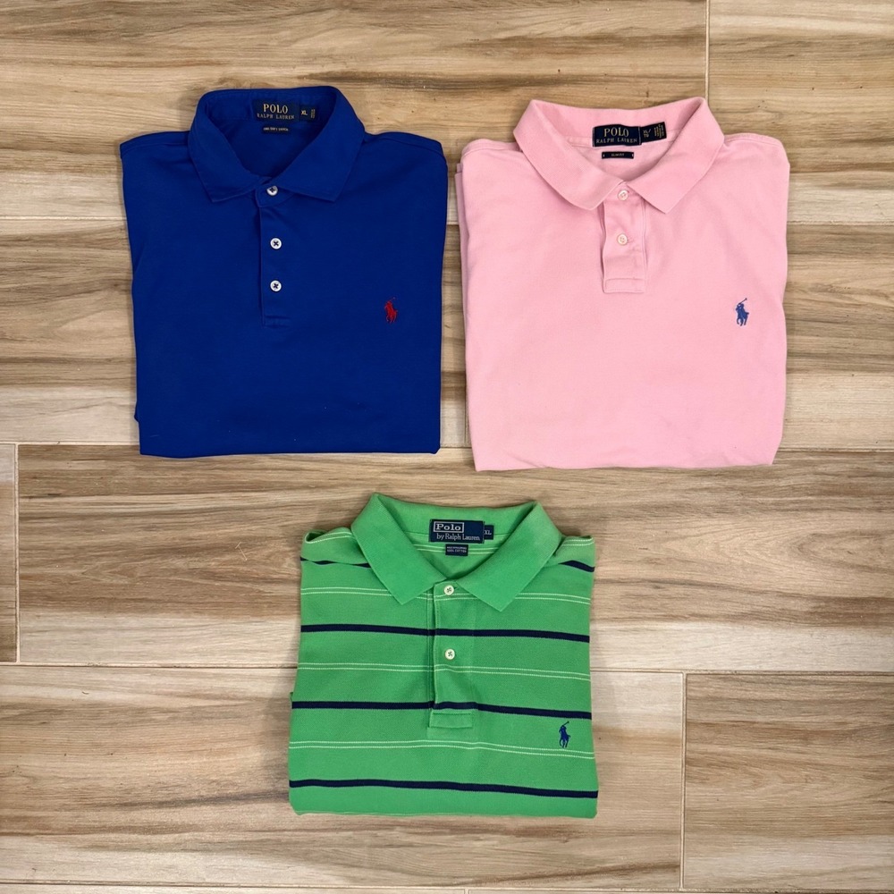 Lot of 3 Polo Ralph Lauren Mens XL Shirts Blue Pima Pink Slim Green Striped Polo